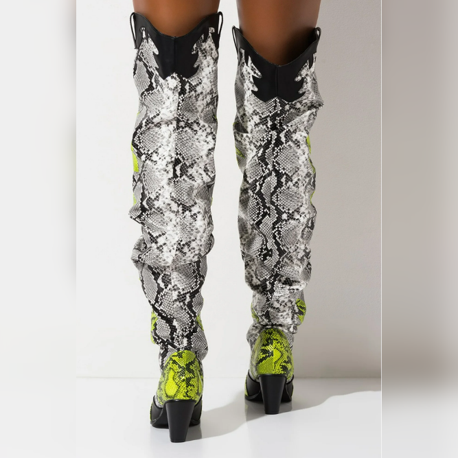 HILDA Colorful Snakeskin Over-the-Knee Boots โ Western-Inspired Chunky Heel Statement Boots