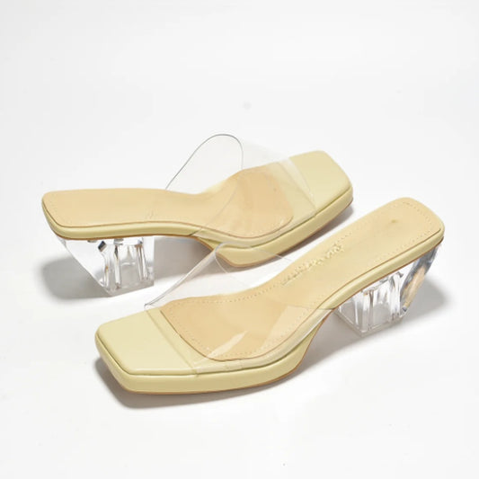 Dionne Clear Slide Sandals for Women – Square Toe Mules with Transparent Strap & Lucite Block Heels for Summer, Casual & Dressy Looks