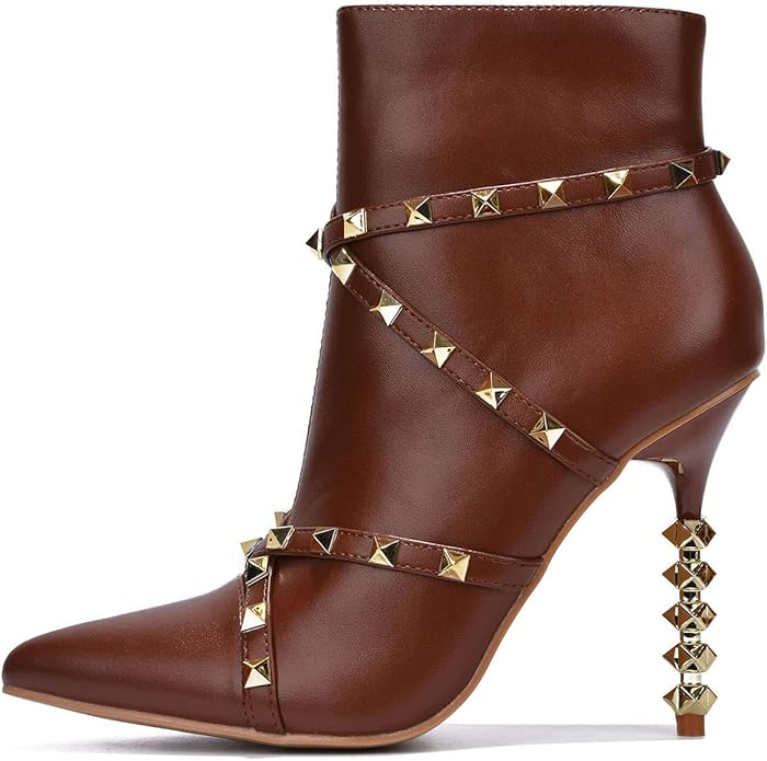 Ines Studded Sculpted Heel Booties – Pointed Toe Stiletto Ankle Boots for Women