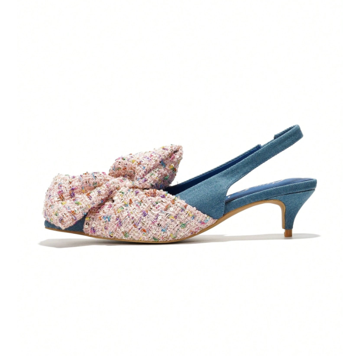 Lisandra Bow Slingback Kitten Heels – Pointed Toe Statement Pumps for Women (Leopard / Pastel Tweed)