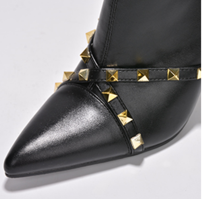 Ines Studded Sculpted Heel Booties – Pointed Toe Stiletto Ankle Boots for Women