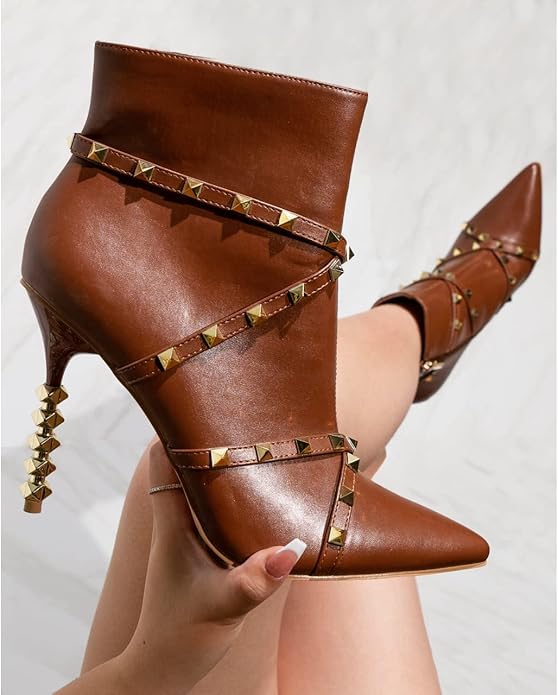 Ines Studded Sculpted Heel Booties – Pointed Toe Stiletto Ankle Boots for Women