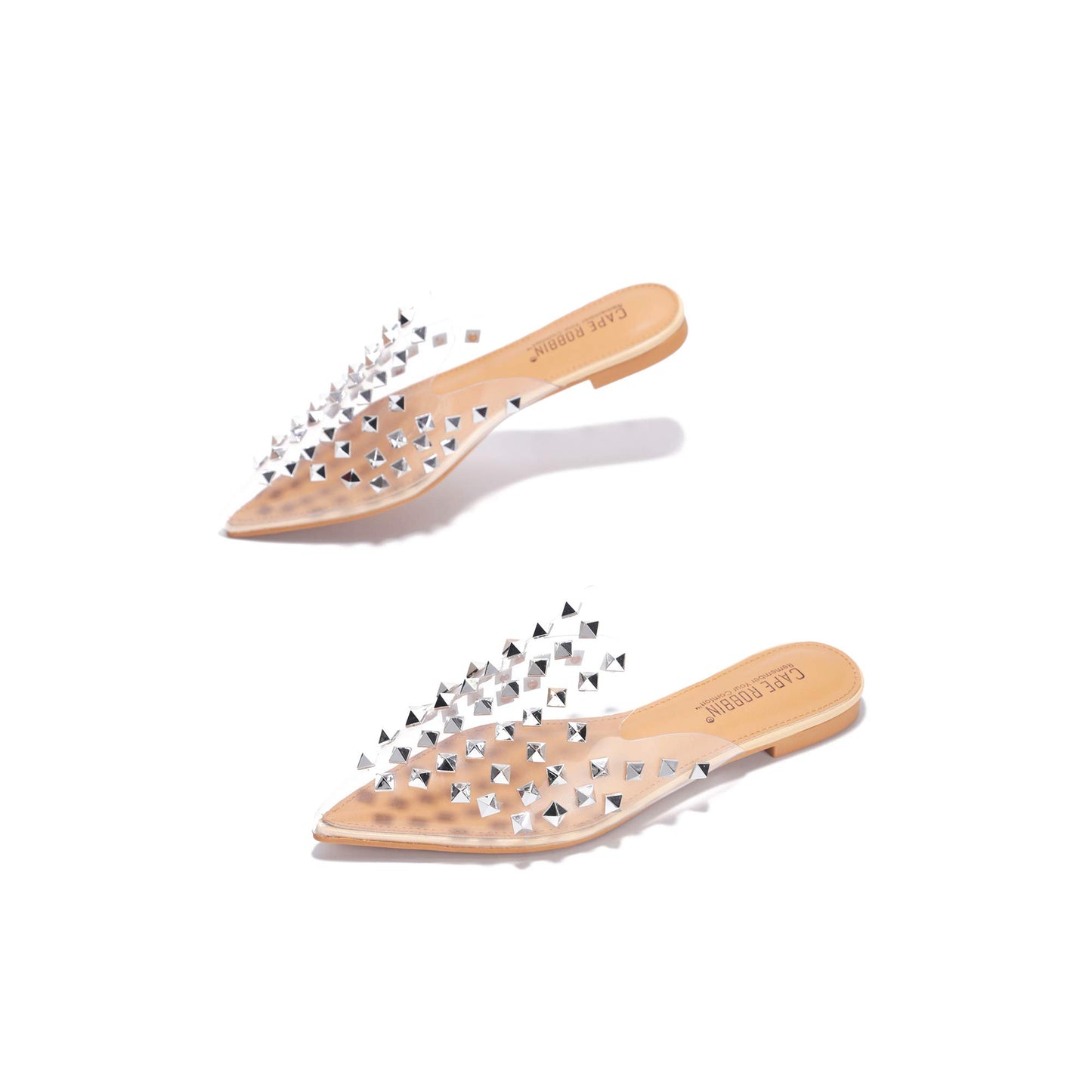 Slip into attitude with the Enny Studded Mules. Available in black faux leather or clear PVC, these pointed toe flats are your new go-to for effortless edge.