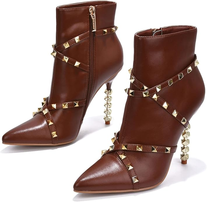 Ines Studded Sculpted Heel Booties – Pointed Toe Stiletto Ankle Boots for Women