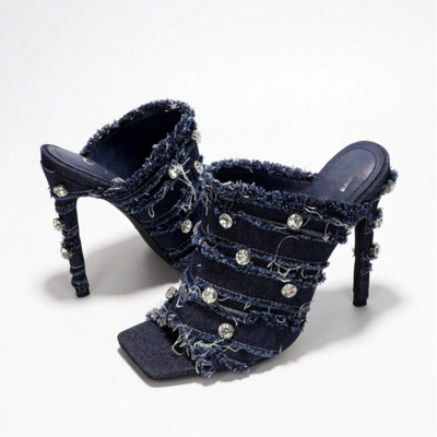 Revolt Women’s Rhinestone Denim High Heel Mules – Frayed Square Toe Stiletto Party Heels