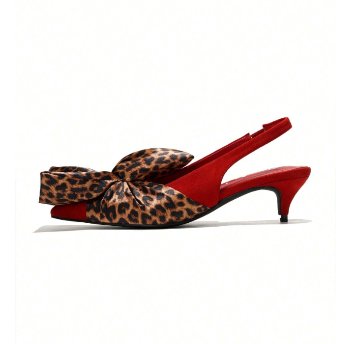 Lisandra Bow Slingback Kitten Heels – Pointed Toe Statement Pumps for Women (Leopard / Pastel Tweed)