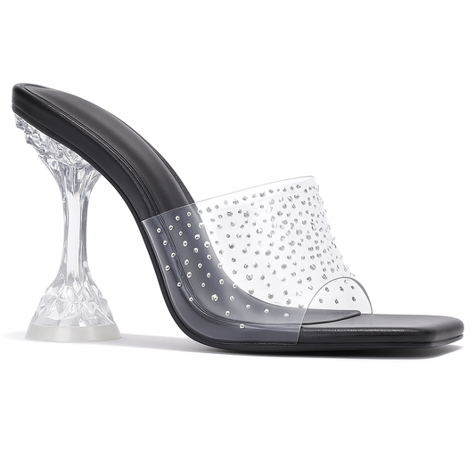 Eli Sexy Clear Heels for Women – Square Toe Crystal Wine Glass Heel Sandals with Rhinestone Straps