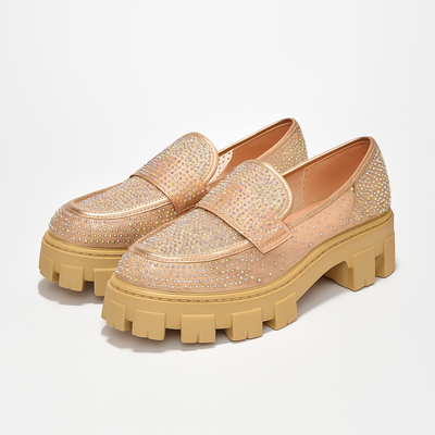 Abbe  Women’s Rhinestone Chunky Loafers – Transparent Round Toe Sparkly Platform Flats