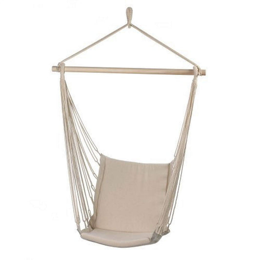 Hammock Chair Hanging Rope Swing - Max 200 Lbs - Wooden Bar with Anti-Slip Rings - for Any Indoor or Outdoor Spaces (Beige)