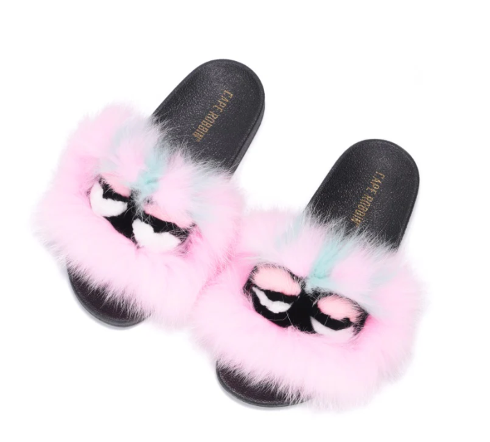 Mochi Cute Fluffy Fur Slides – Colorful Open Toe Furry Slippers for Women