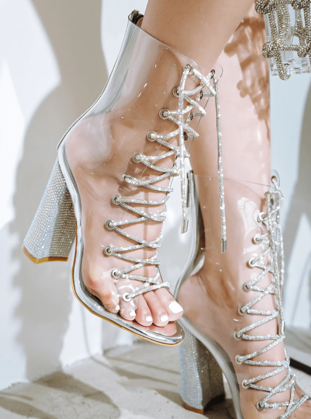 Lookey  Clear Lace-Up Rhinestone Ankle Boots – Transparent Peep Toe Party Heels for Women