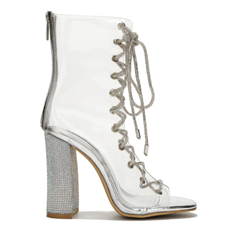 Lookey  Clear Lace-Up Rhinestone Ankle Boots – Transparent Peep Toe Party Heels for Women
