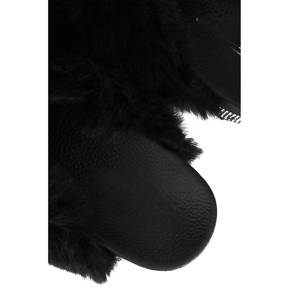 Spotty Criss Cross Furry Platform Slides – Rhinestone Trimmed Fuzzy Sandals for Women