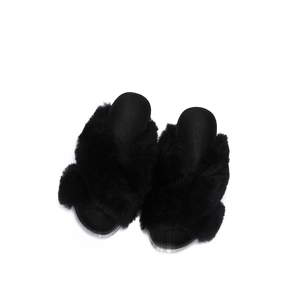 Spotty Criss Cross Furry Platform Slides – Rhinestone Trimmed Fuzzy Sandals for Women