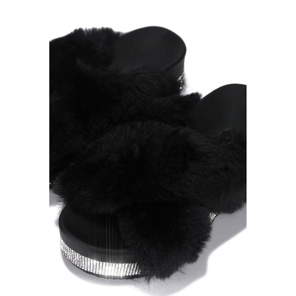 Spotty Criss Cross Furry Platform Slides – Rhinestone Trimmed Fuzzy Sandals for Women