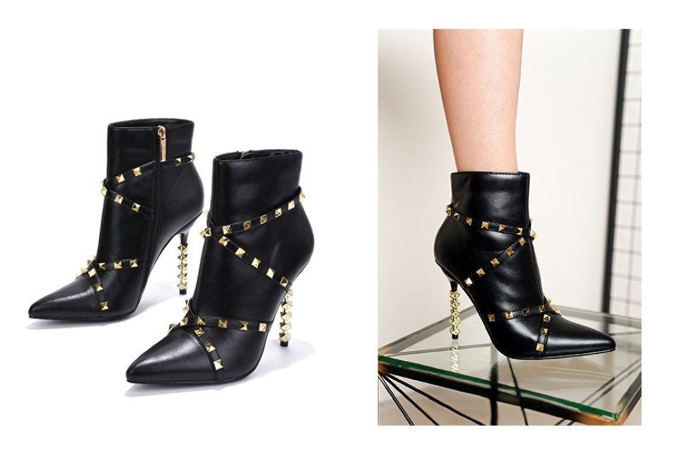 Ines Studded Sculpted Heel Booties – Pointed Toe Stiletto Ankle Boots for Women