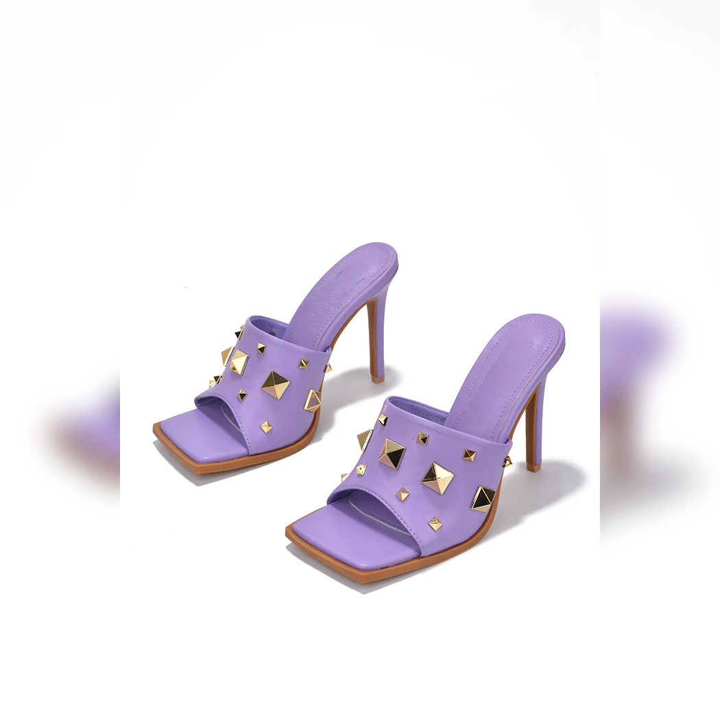 Popo Studded Square Toe Stiletto Heels – Punk Style Mules for Bold Women