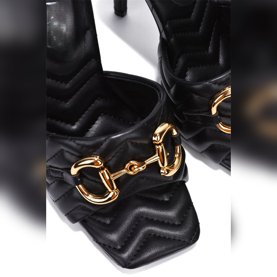 Minka  Square Toe Mule Heels – Gold Horsebit Quilted Slip-On Stiletto Sandals for Women